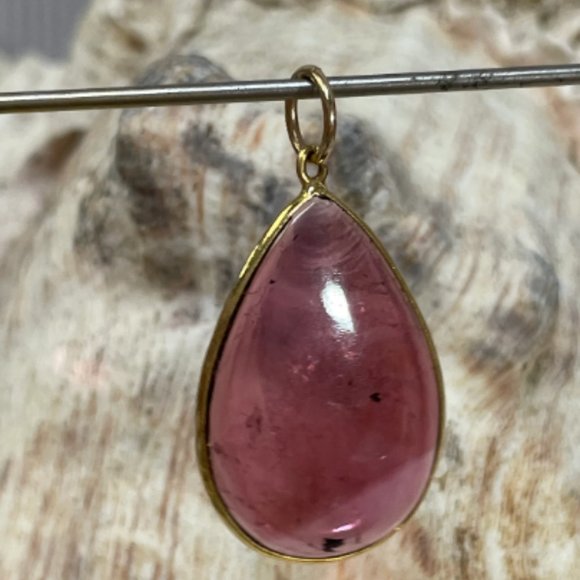 6CT Natural Purplish Fuschia Tourmaline Pear Shape 14K Yellow Gold Pendant 25mm - Picture 6 of 6